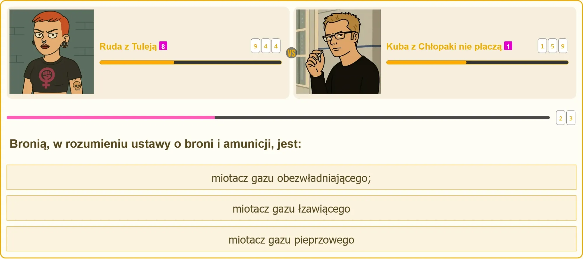 Pojedynek wiedzy między Ruda z Tuleją a Kubą z Chłopaki nie płaczą o miotacze gazu