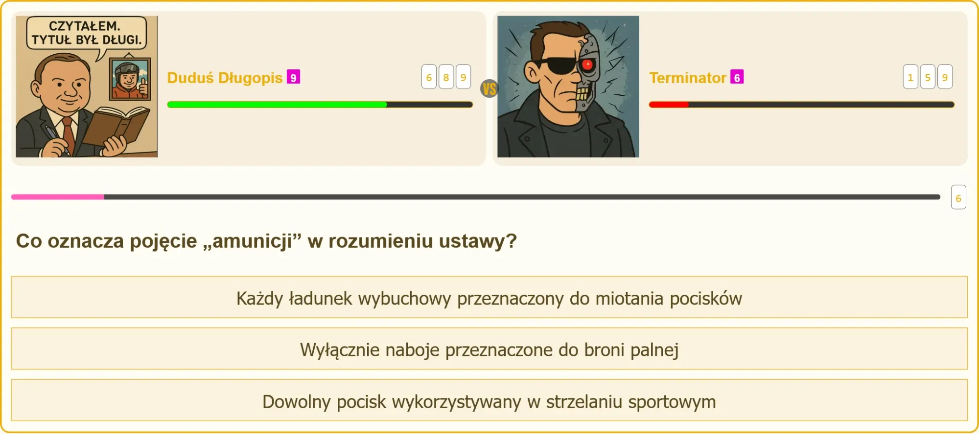 Dwa avatary w pojedynku – użytkownik vs. bot Terminator na tle pytań testowych