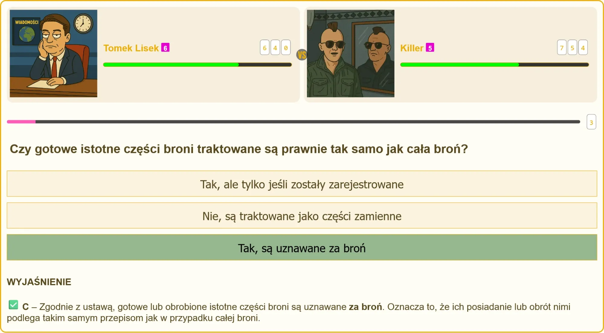 Pojedynek na pytania testowe o części broni