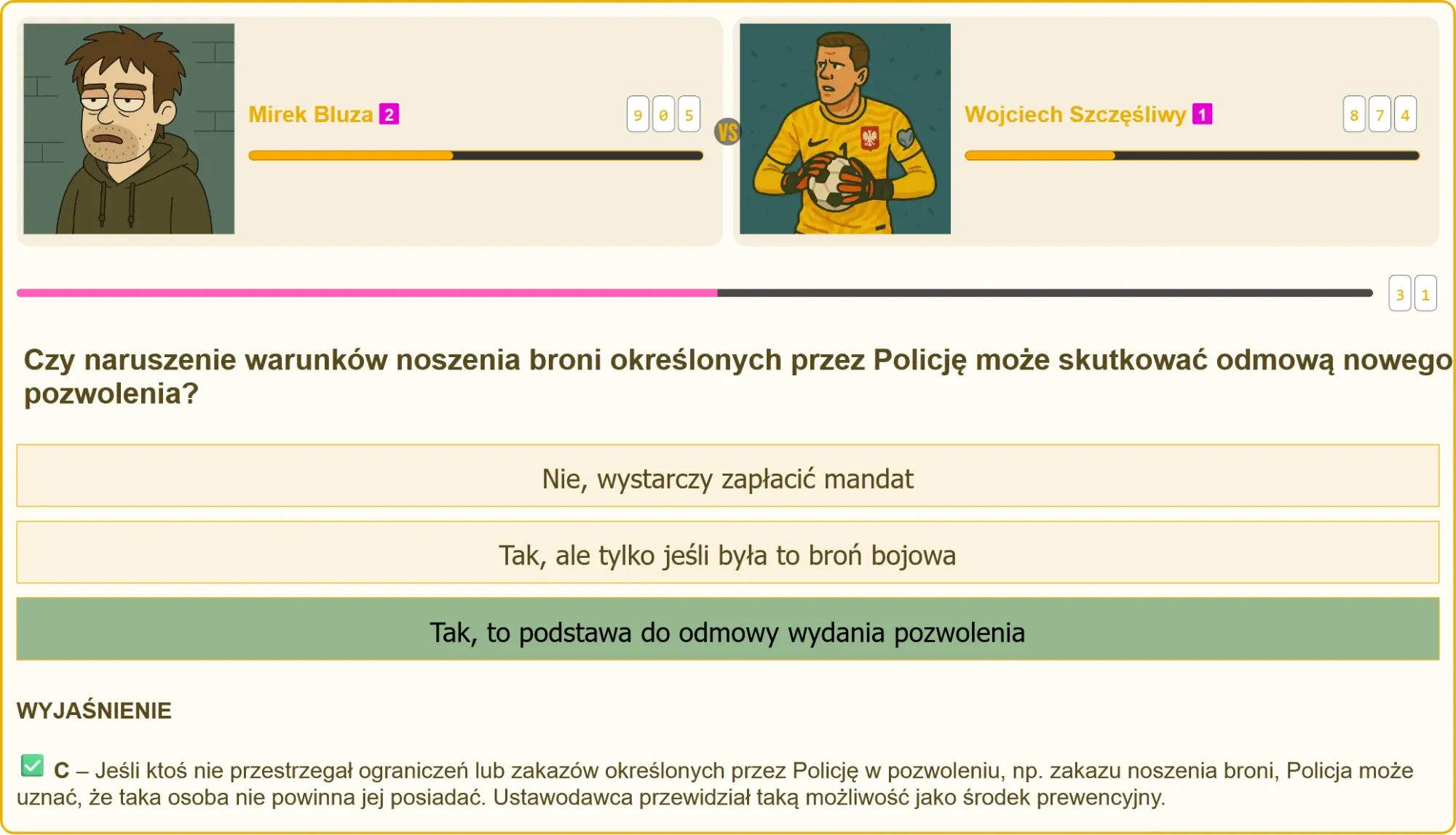 Pojedynek na odpowiedzi między użytkownikiem a przeciwnikiem w quizie o pozwoleniu na broń