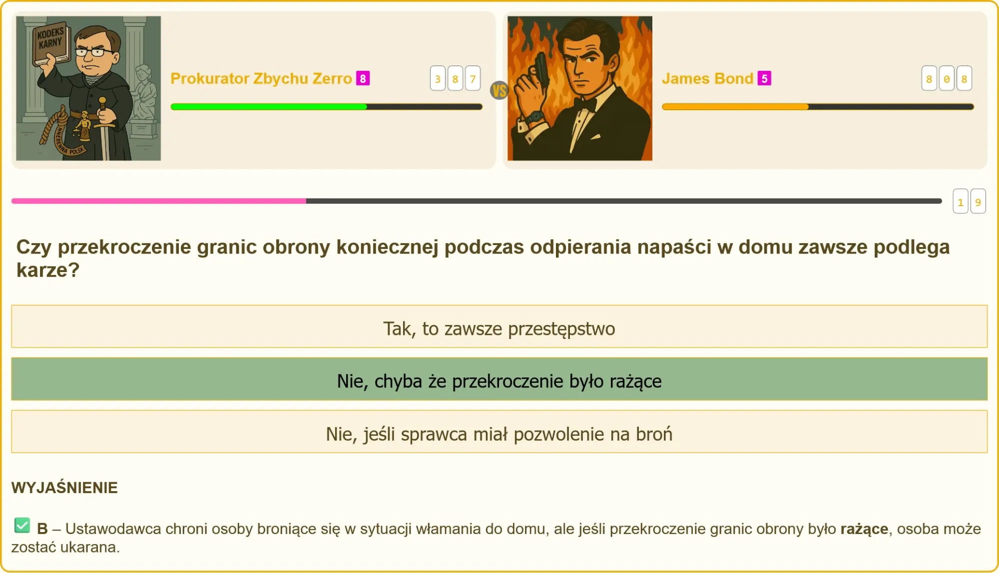 Grafika z pytaniem testowym na patent strzelecki dotyczącym obrony koniecznej