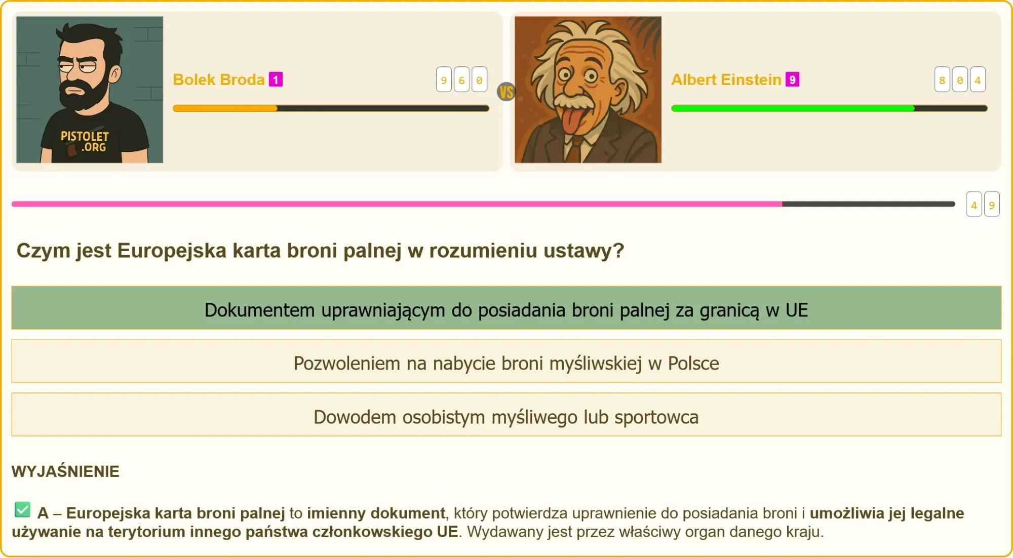 Przykładowy test na patent strzelecki z pytaniem o Europejską kartę broni palnej