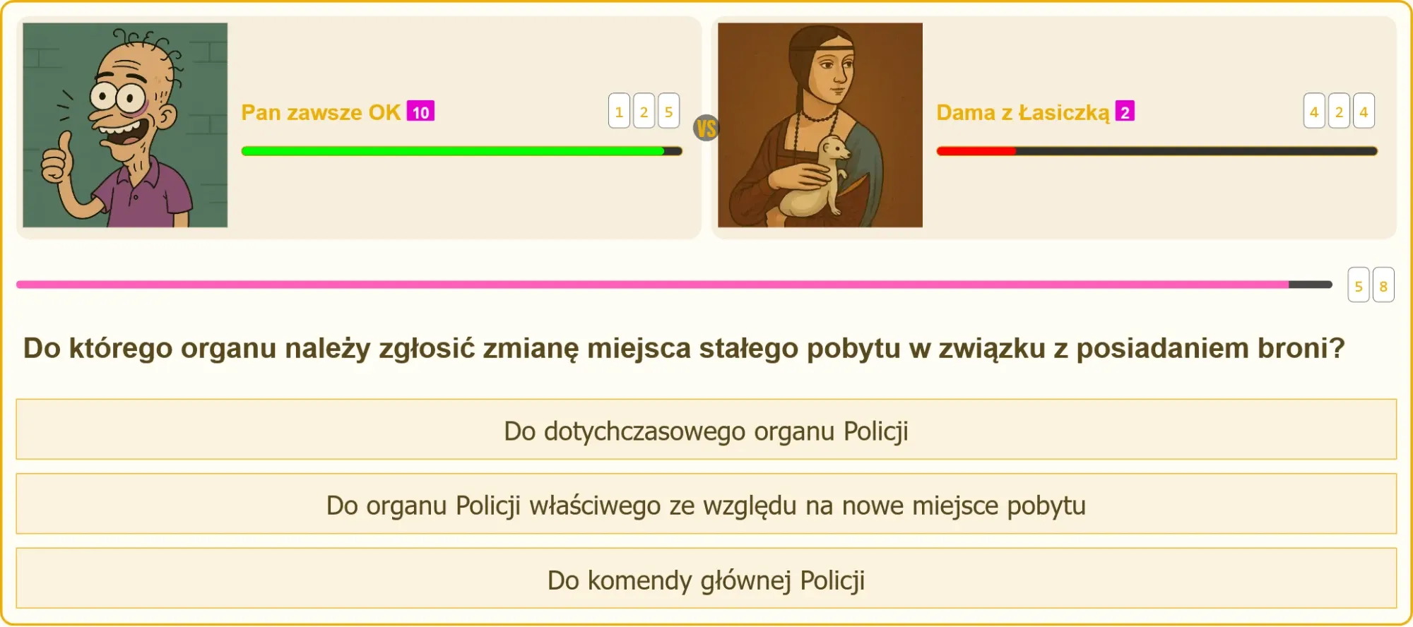 Pojedynek na pytanie testowe o zmianę miejsca pobytu z bronią