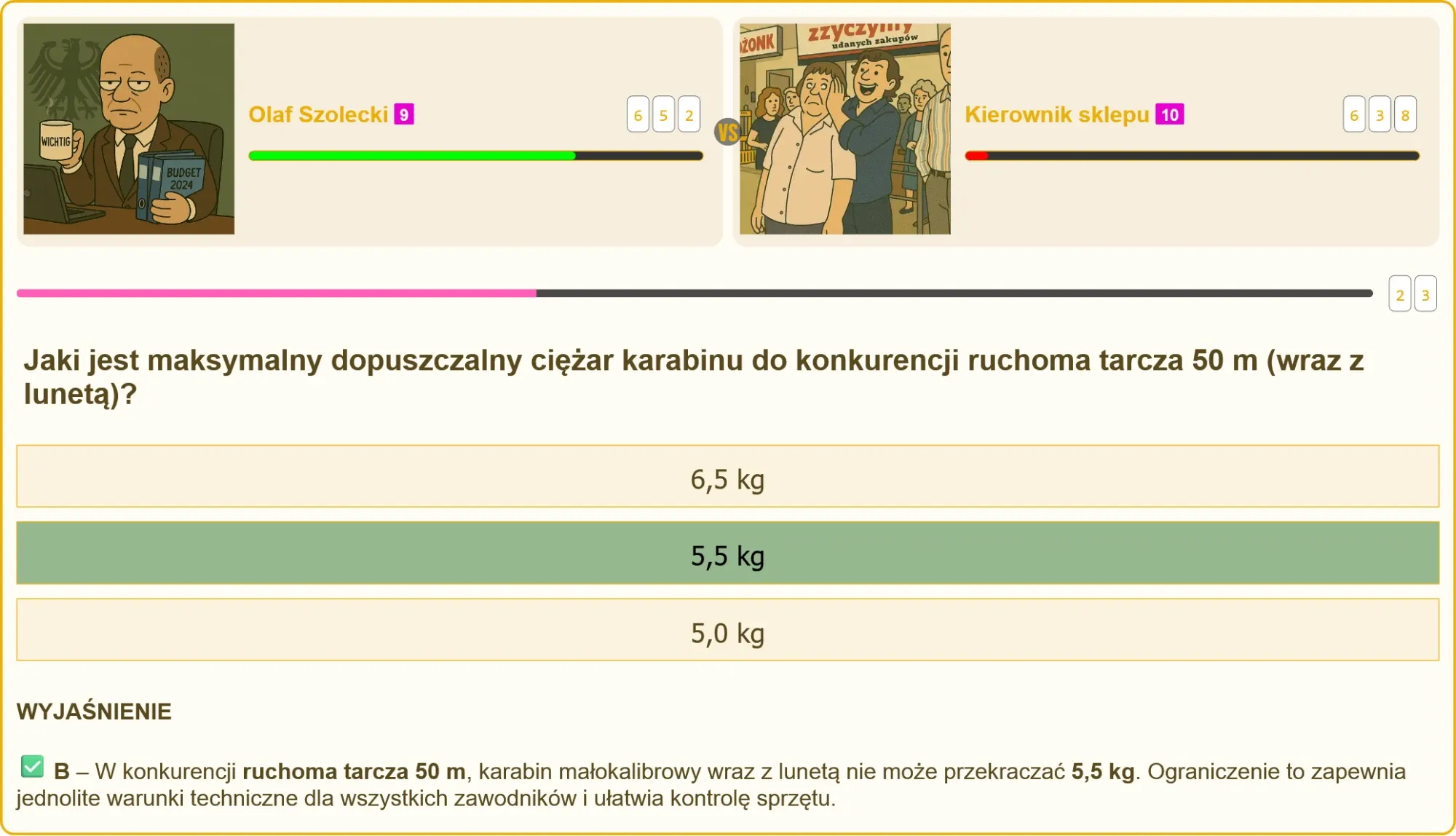 Waga pokazująca 5,5 kg – maksymalną dopuszczalną masę karabinu z lunetą