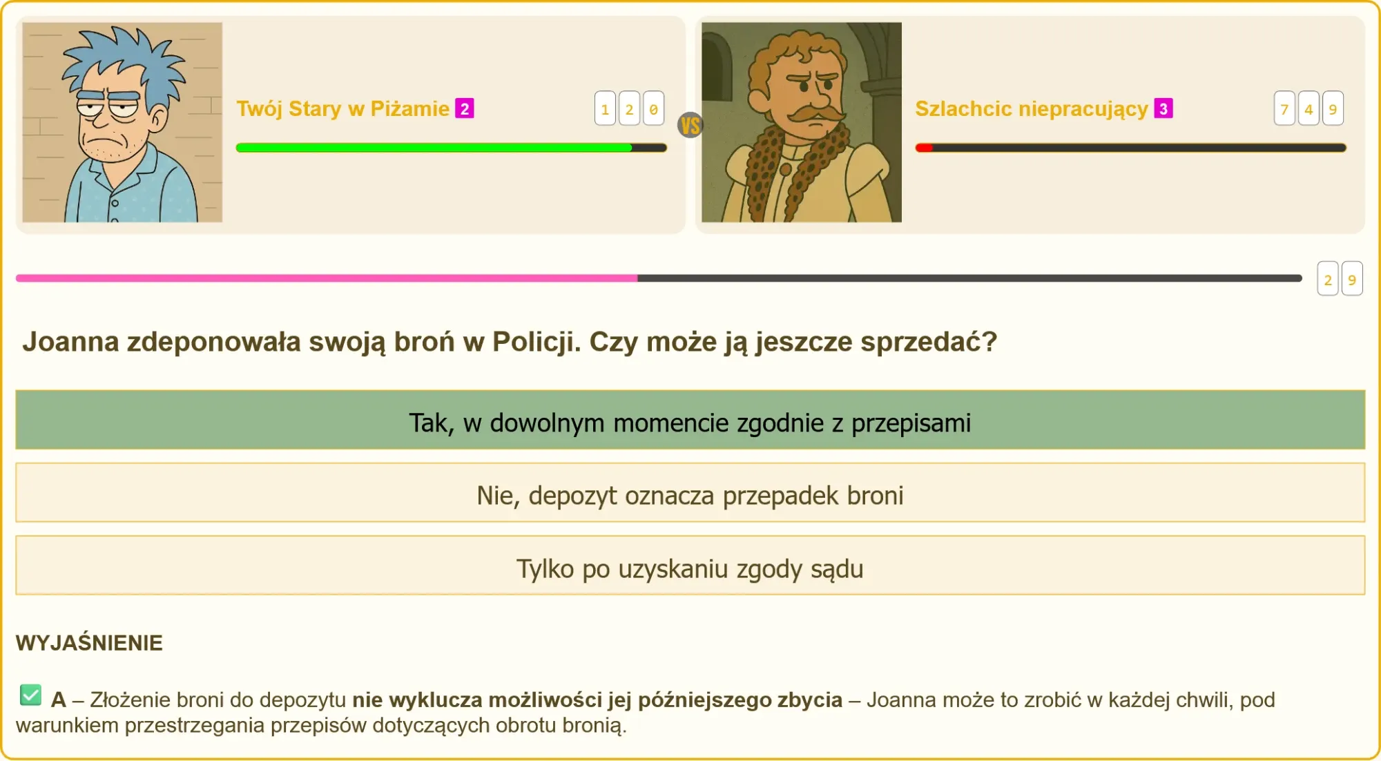 Pojedynek w quizie na patent strzelecki - pytanie o depozyt broni