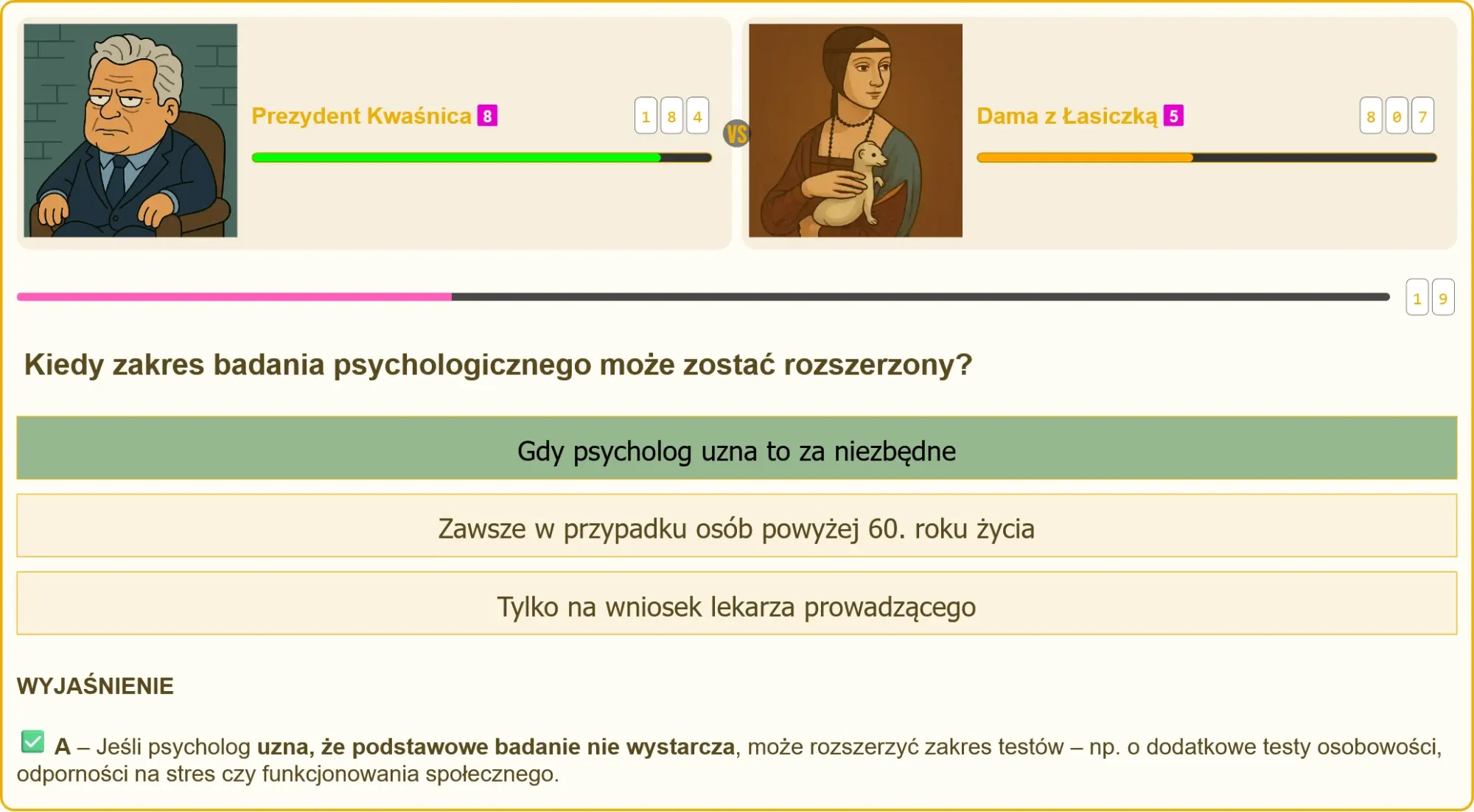 Formularz badania psychologicznego z zaznaczoną odpowiedzią A