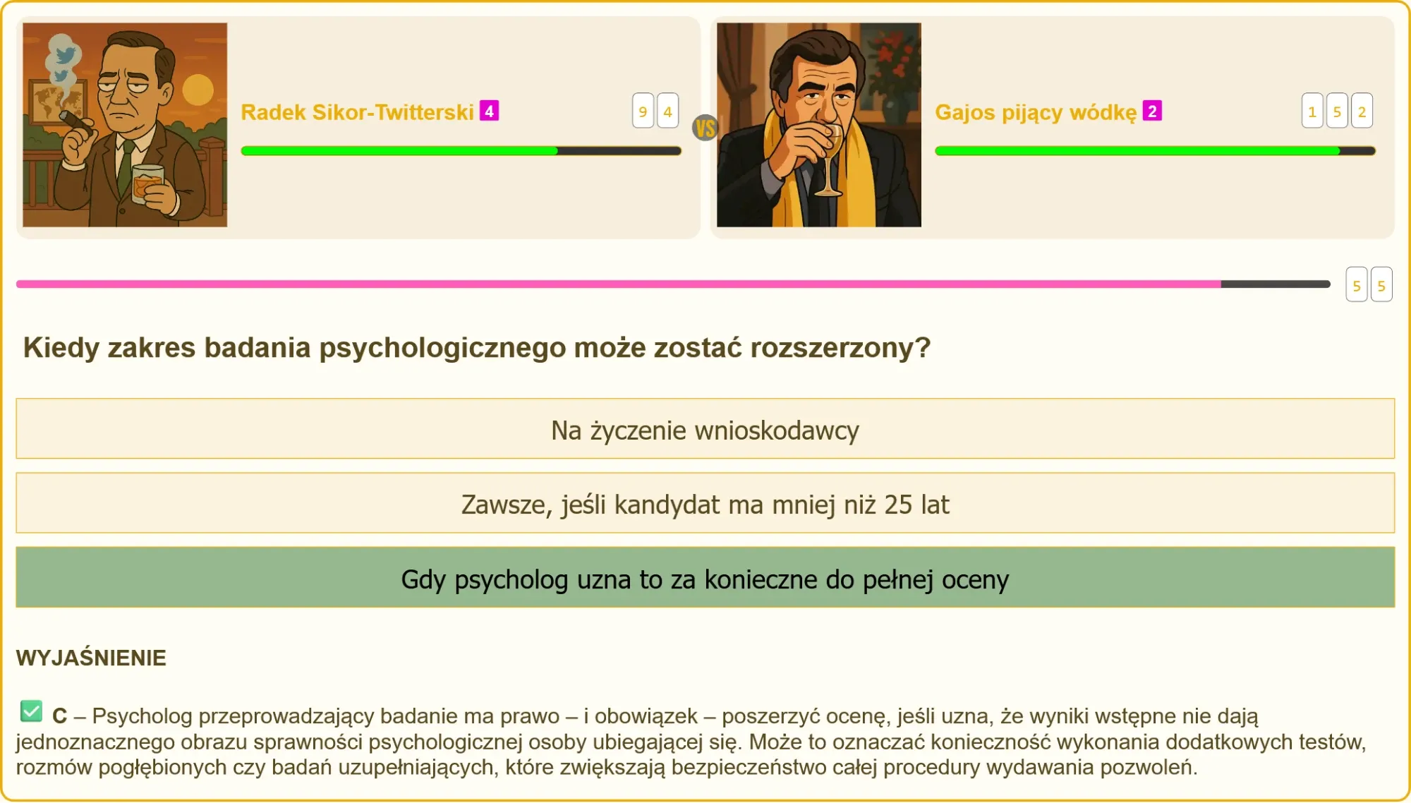 Pojedynek wiedzy między użytkownikiem a Gajosem pijącym wódkę