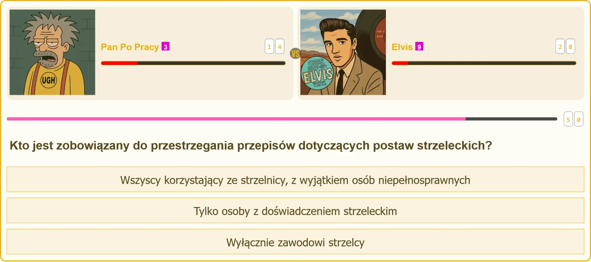 Pojedynek na testach patentu strzeleckiego między kandydatem a doświadczonym strzelcem