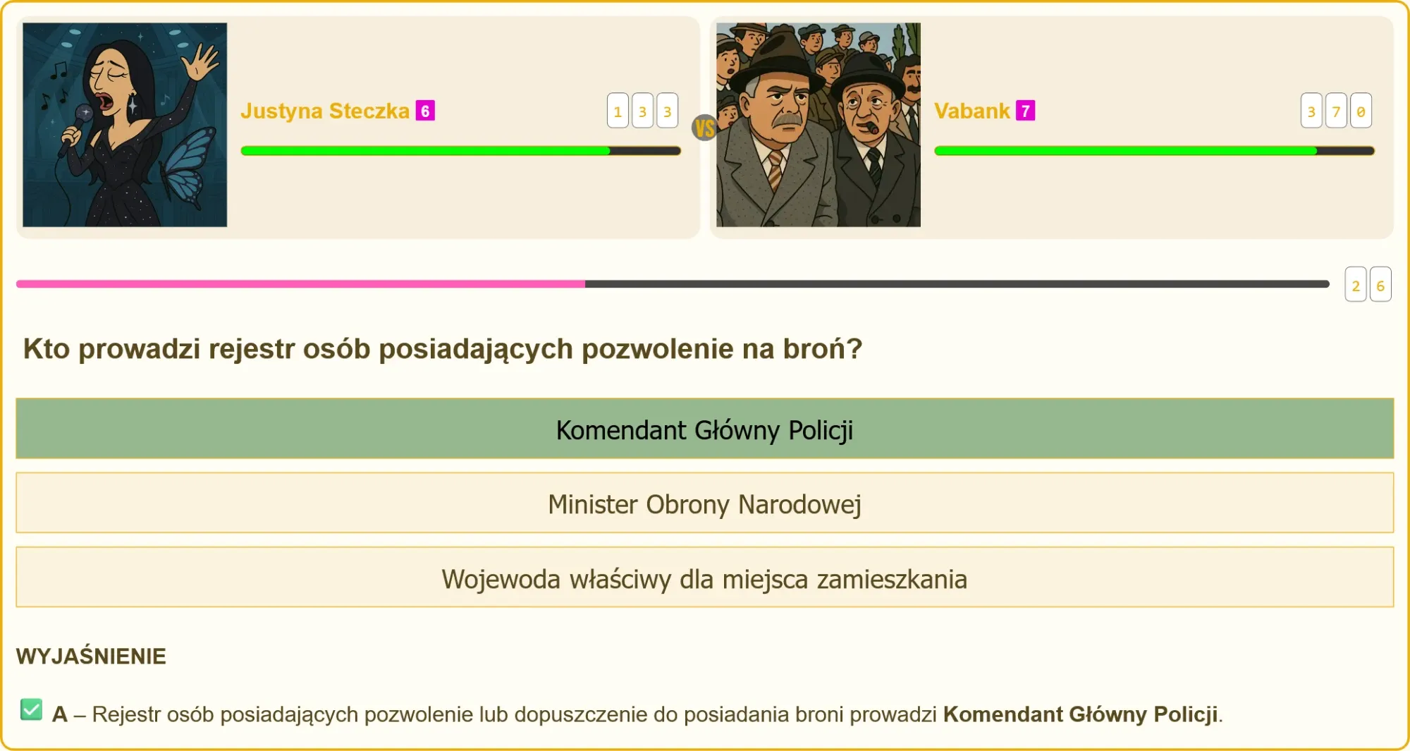 Przykładowy test na patent strzelecki z pytaniem o rejestr broni