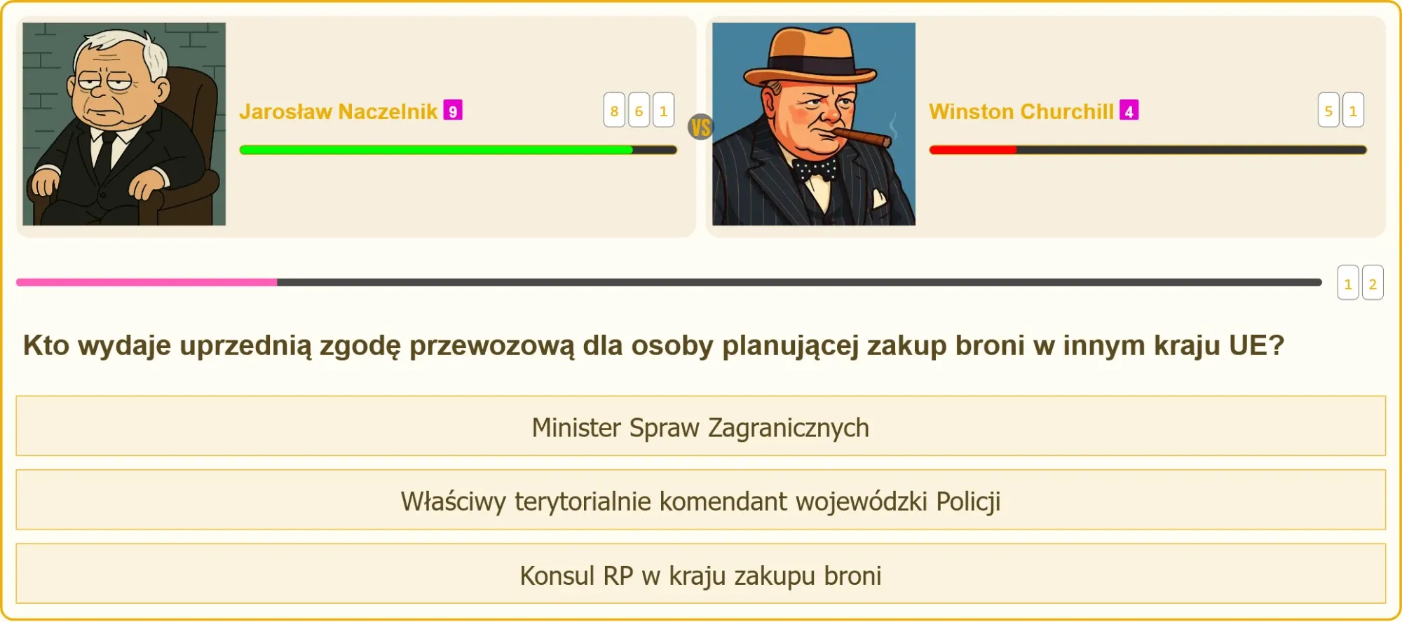 Pojedynek na pytanie testowe o przewóz broni z UE