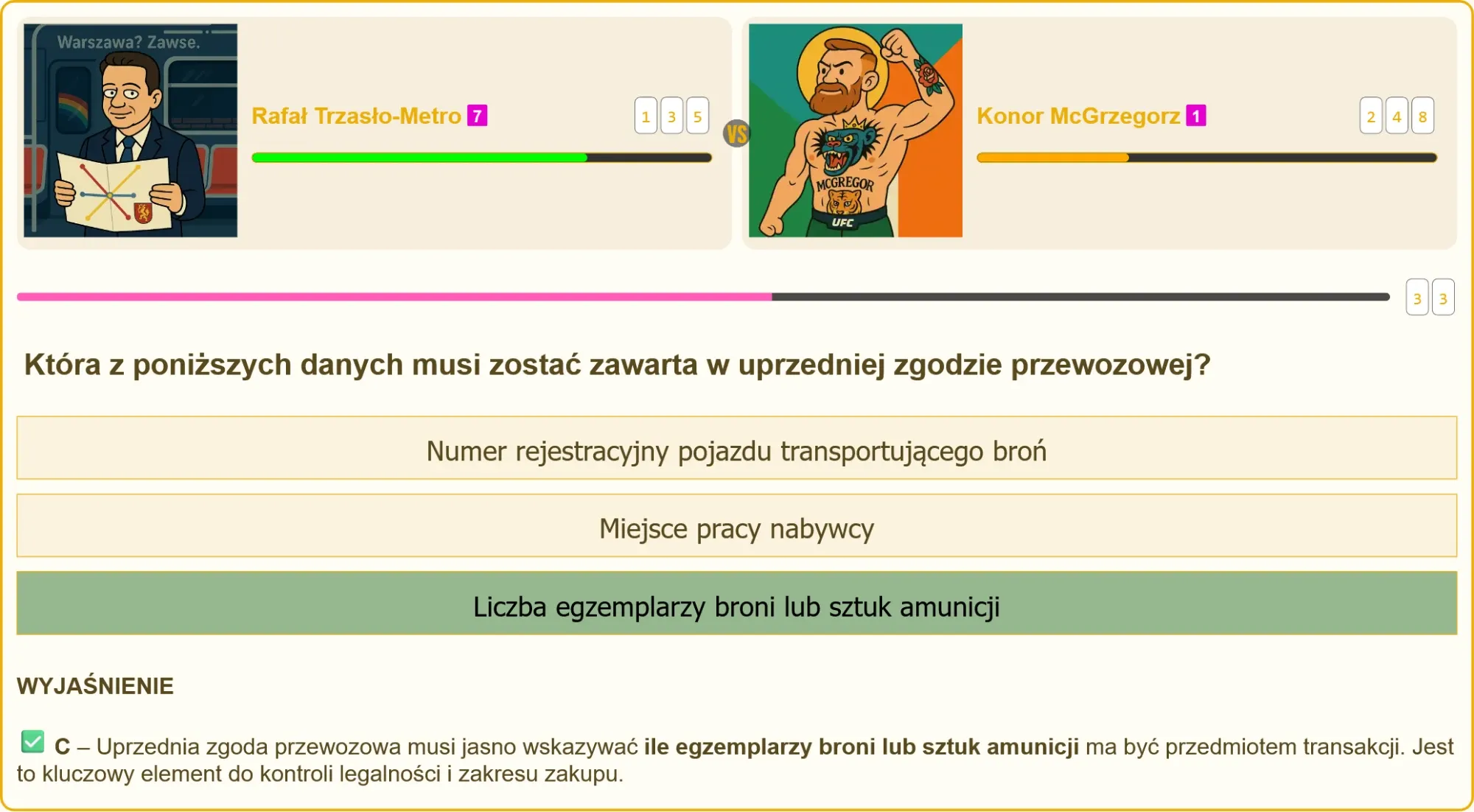 Przykładowy egzamin na patent strzelecki z pytaniem o zgodę przewozową