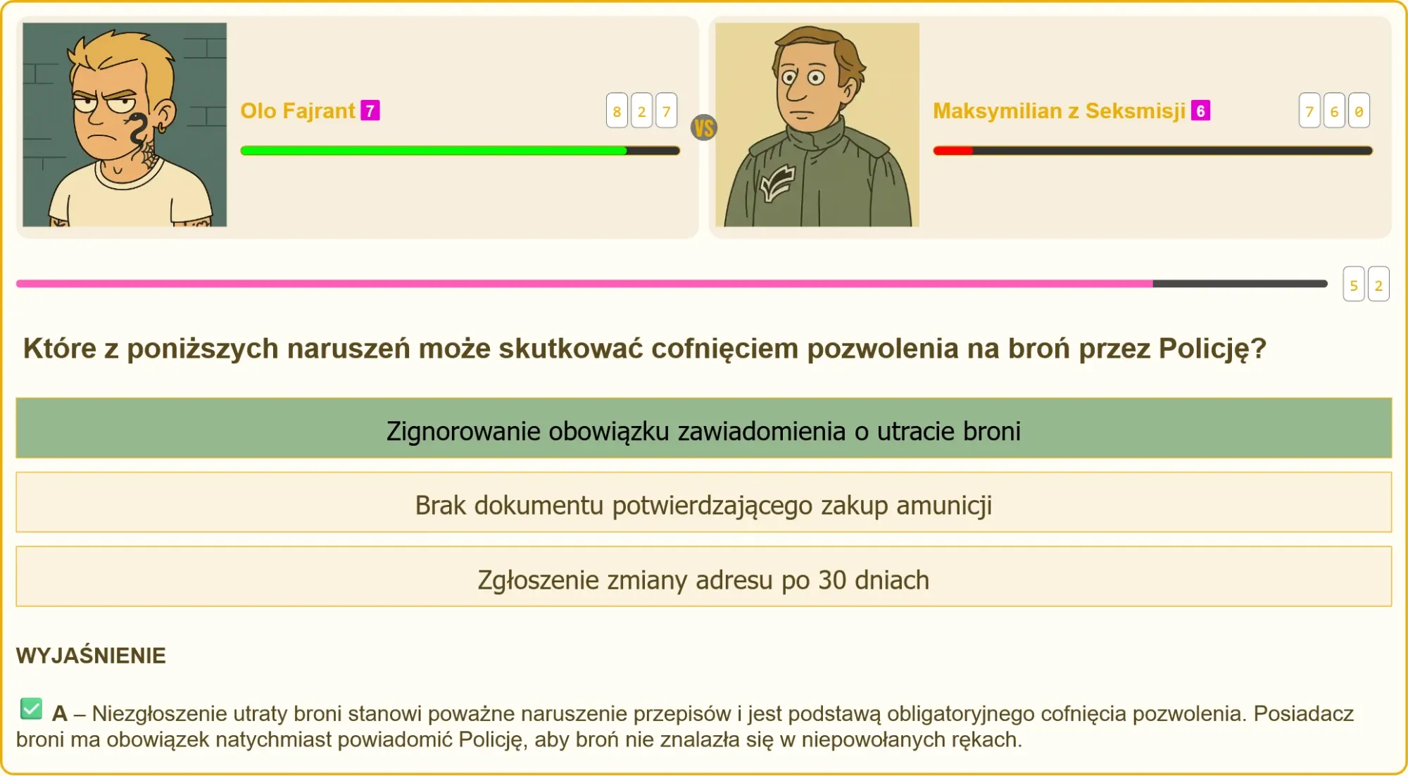 Pytanie testowe o cofnięcie pozwolenia na broń z podkreśloną poprawną odpowiedzią