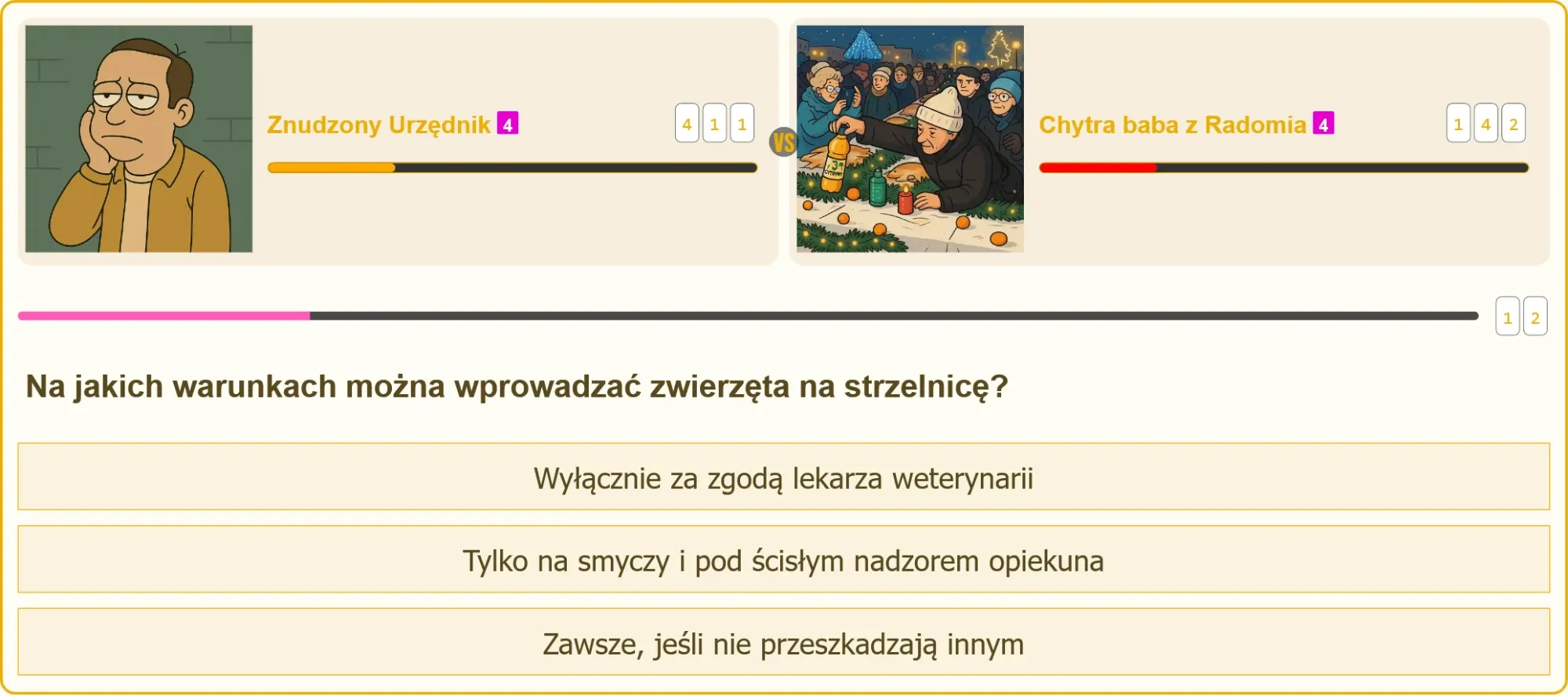 Pojedynek na pytanie testowe o zwierzętach na strzelnicy
