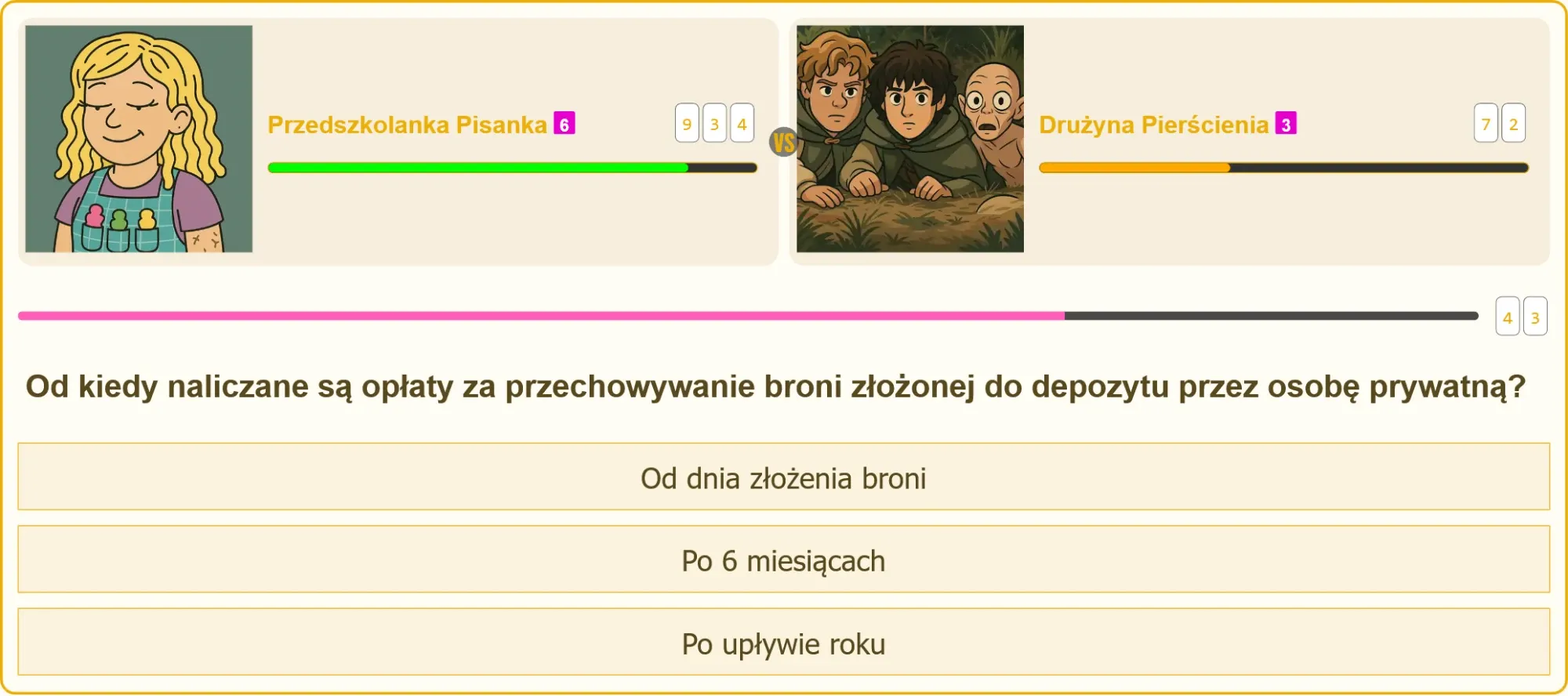 Pojedynek na pytania o broń i depozyt – Przedszkolanka Pisanka vs. Drużyna Pierścienia