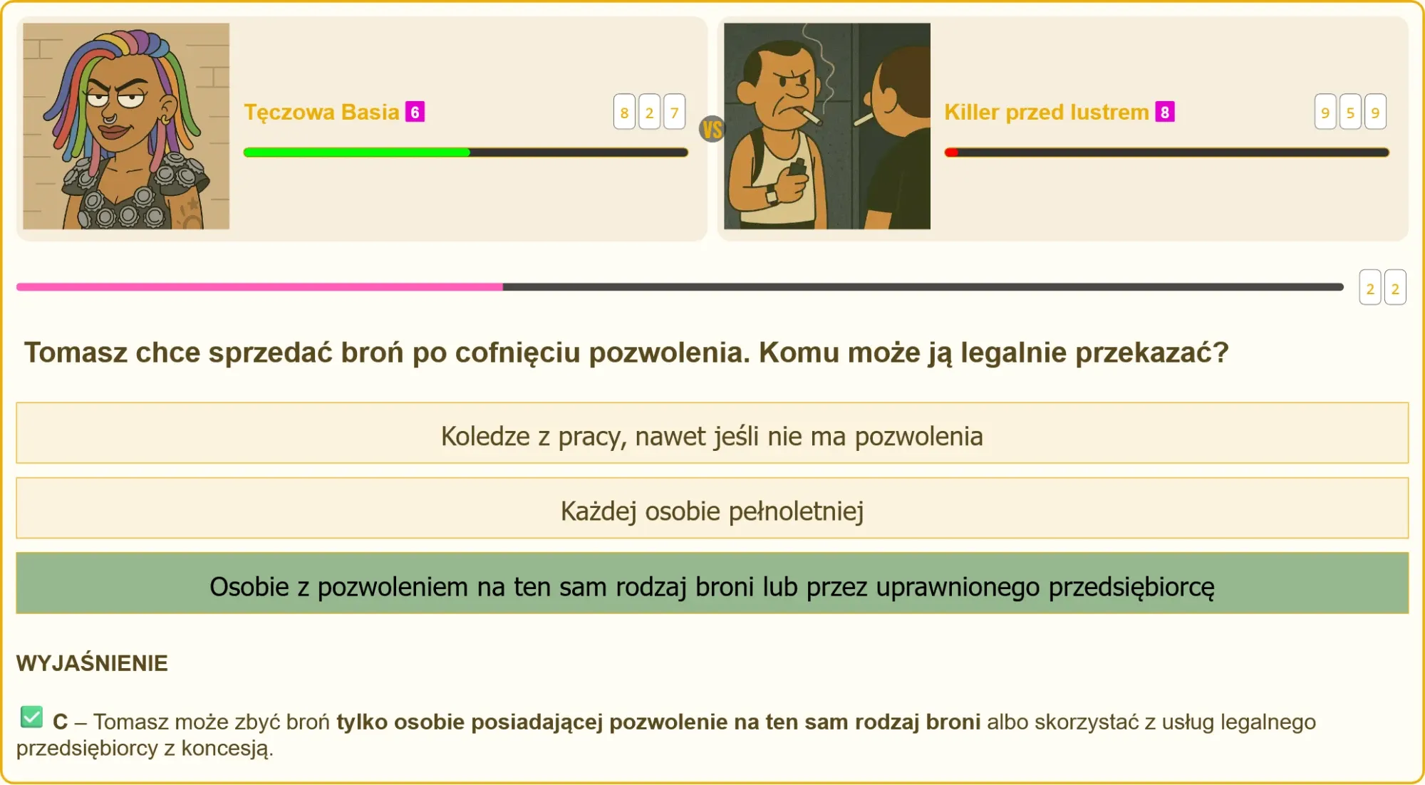 Tęczowa Basia vs Killer przed lustrem w quizie o broni