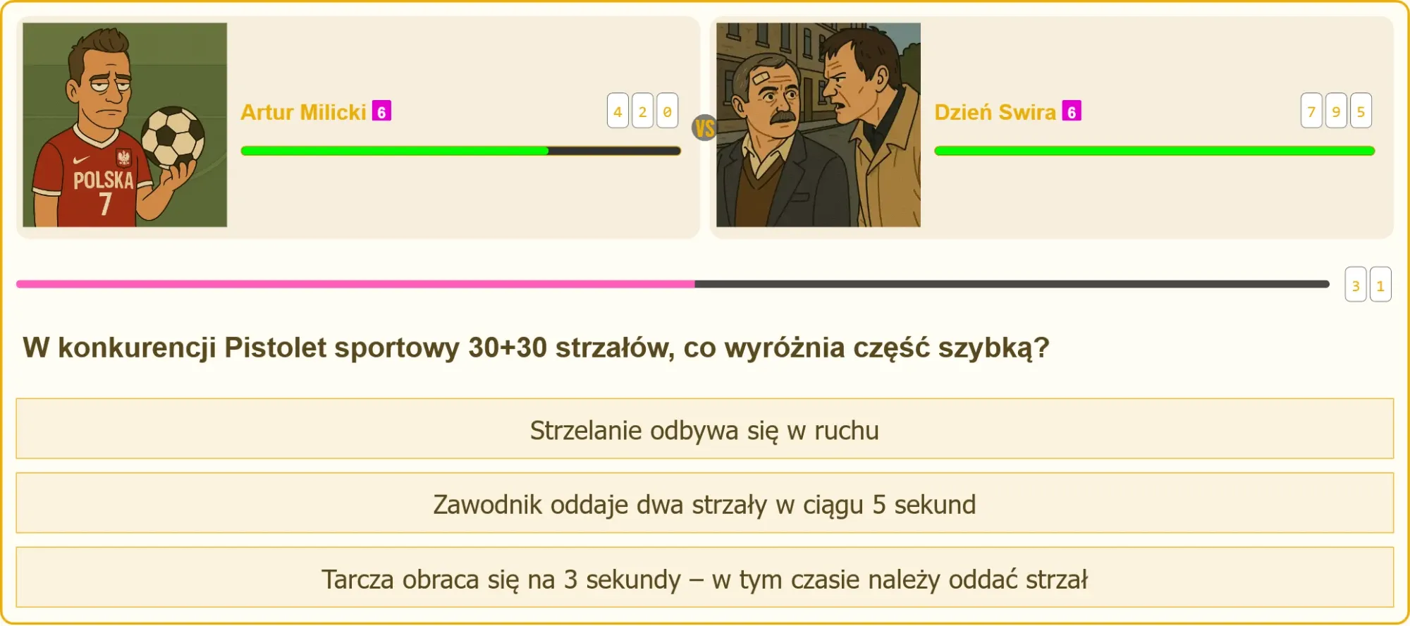 Zawodnik oddający strzał w konkurencji pistolet sportowy z widoczną obracającą się tarczą